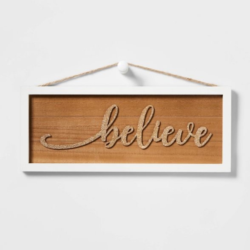 Believe Glitter Gold with Wood Frame Hanging Sign White nwt 16 x 6.5 Christmas